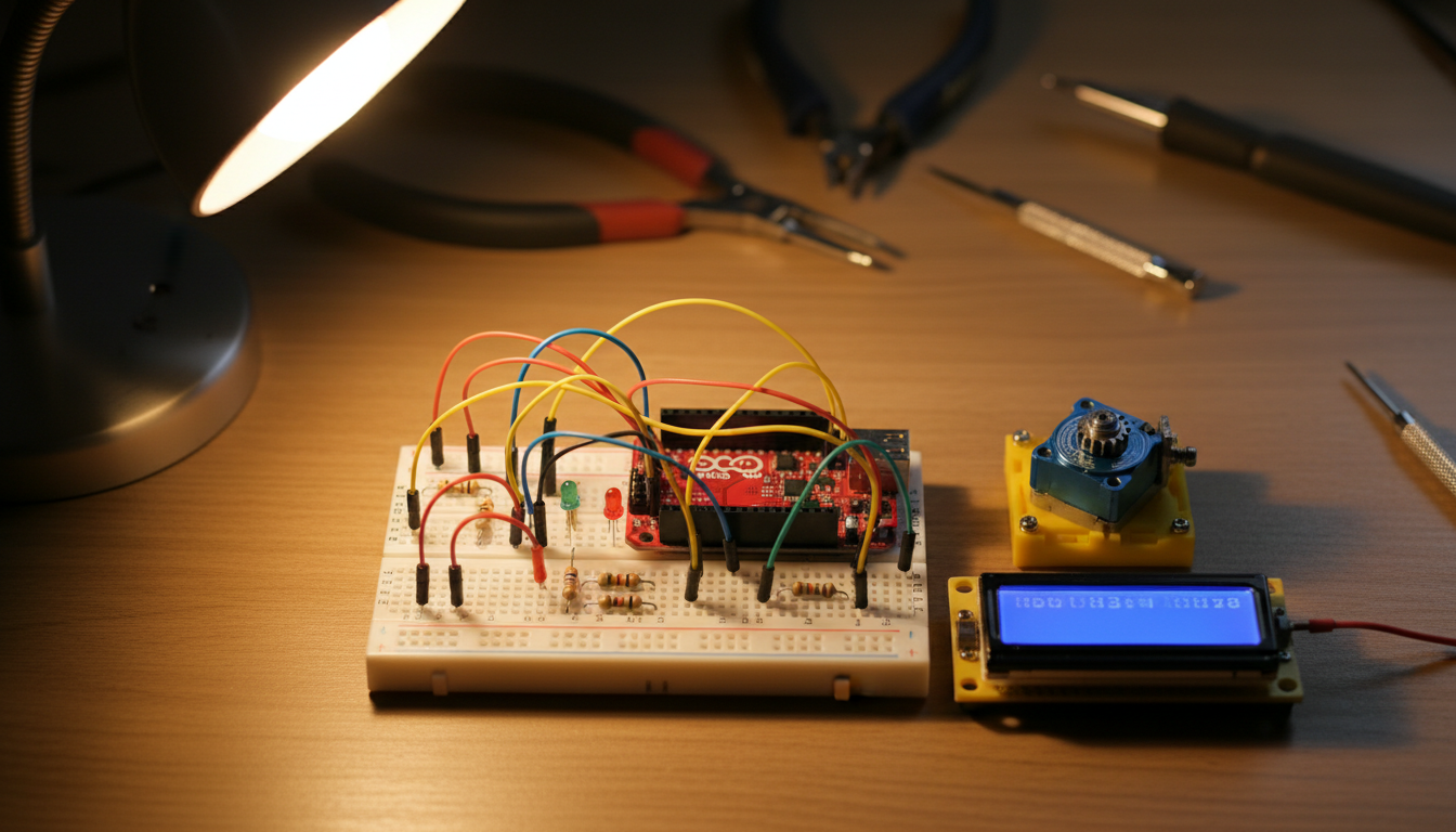 Tre kit Arduino per principianti con schede, breadboard e componenti su un tavolo