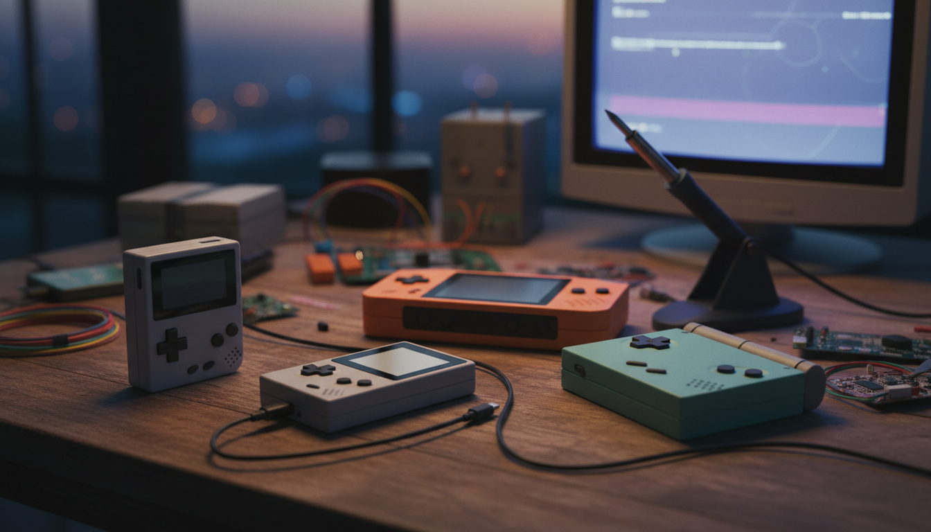 Diverse mini console portatili per retrogaming affiancate su un tavolo