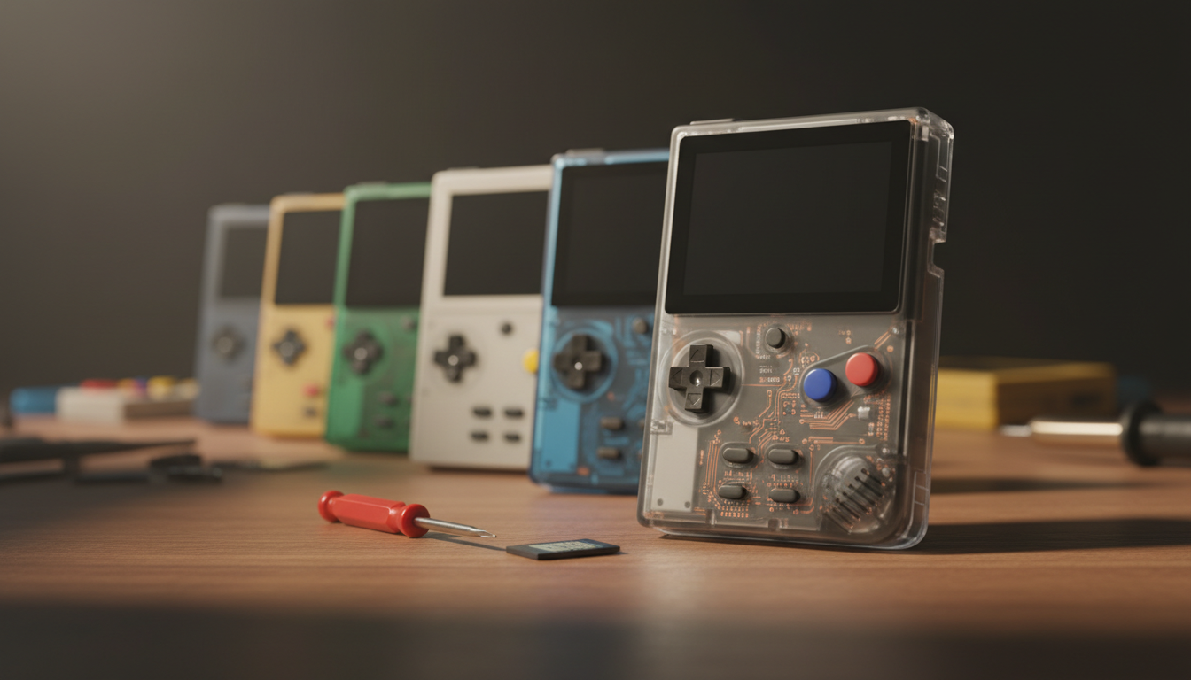 Handheld retrogaming R36S con schermo IPS e stick analogici in primo piano