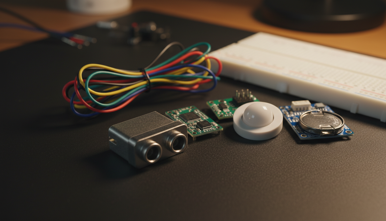 Sensori e moduli elettronici per Arduino ed ESP32 su una scrivania