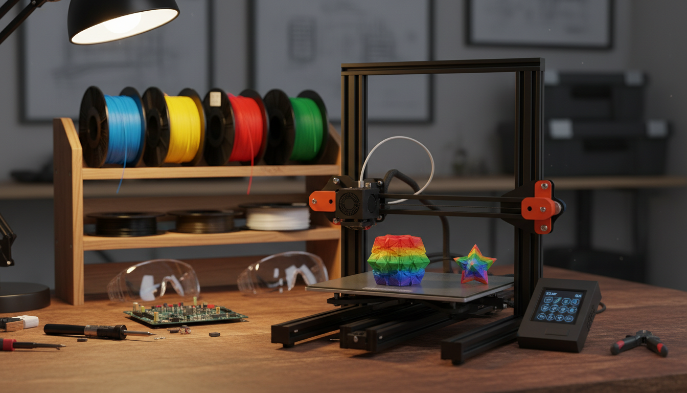 Stampante 3D FDM economica su una scrivania, pronta per la prima stampa
