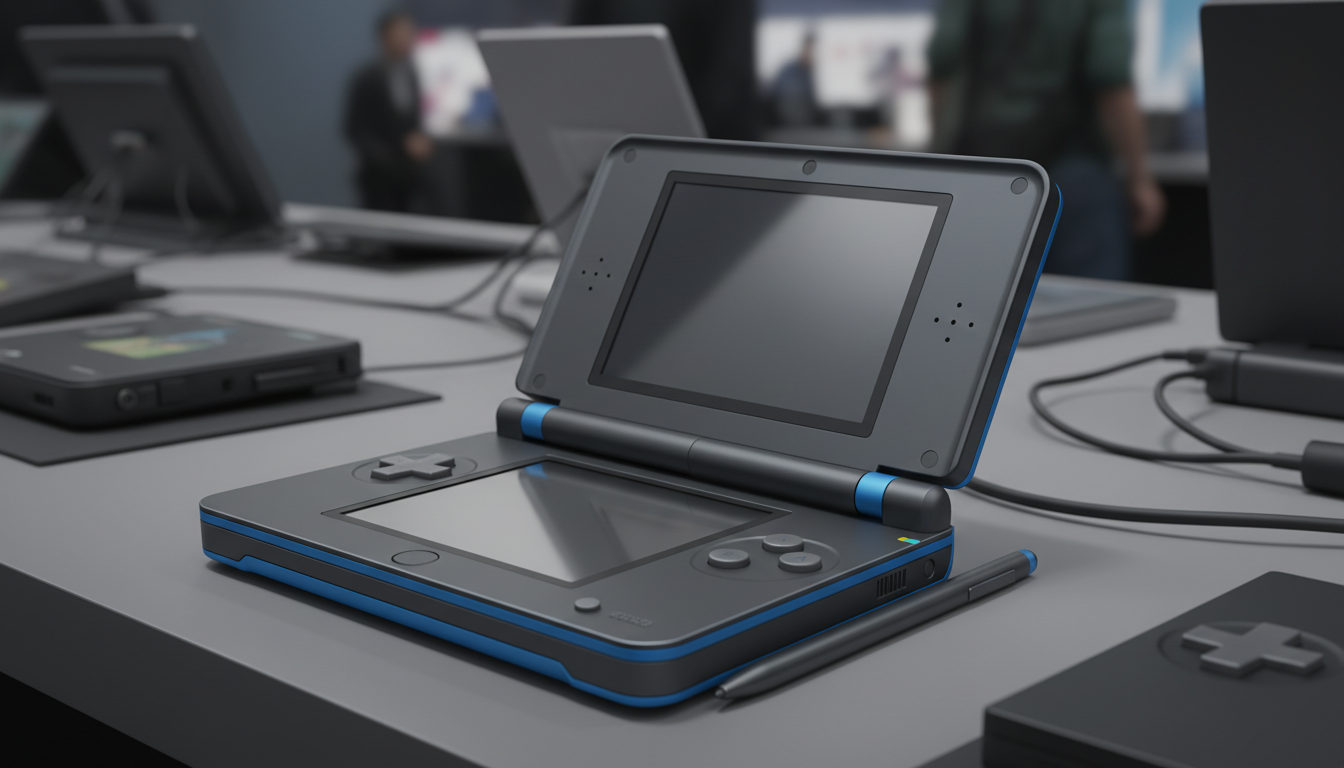 Handheld dual-screen con pennino esposto su un tavolo in fiera